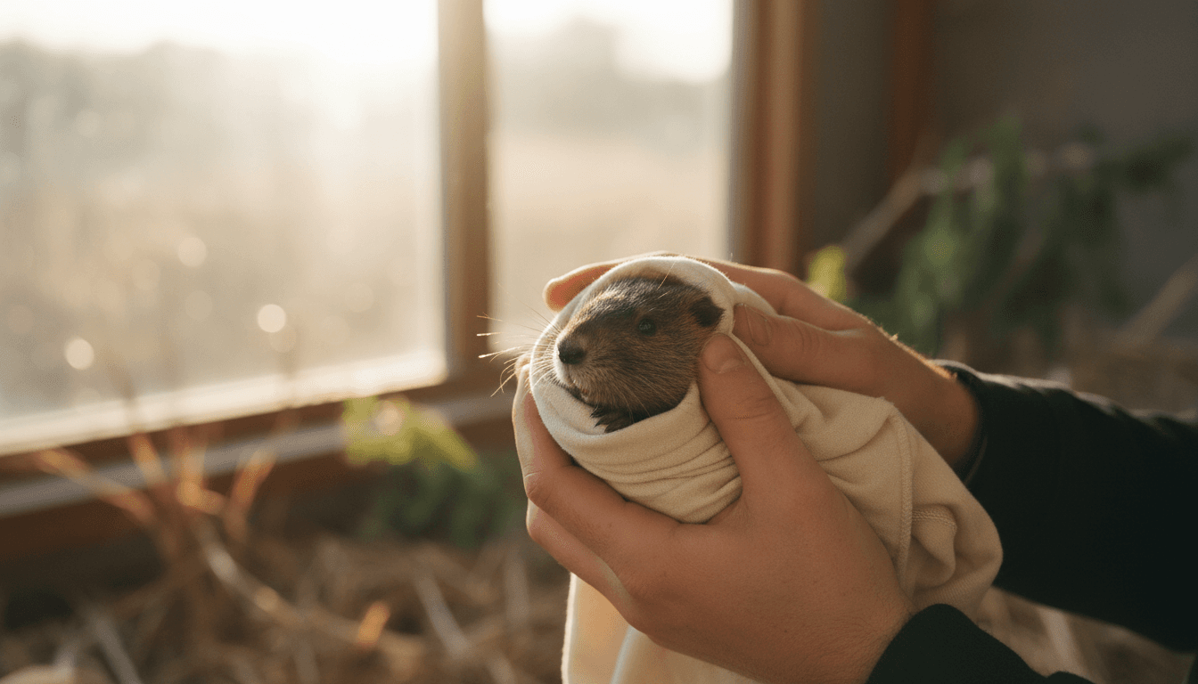 Wildlife rehabilitator gently caring for an injured small animal at Hopper Hills Wildlife Rehab Center