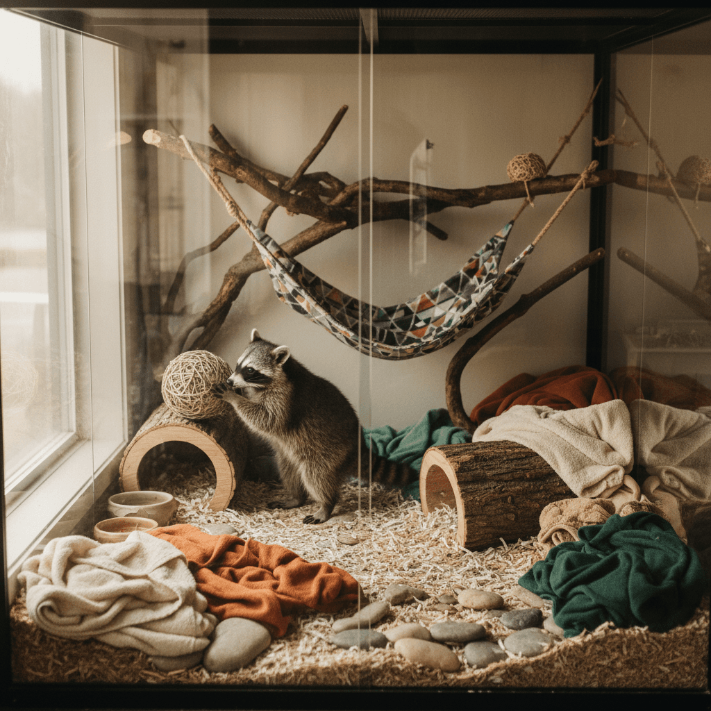 Raccoon in safe indoor recovery enclosure at the facility