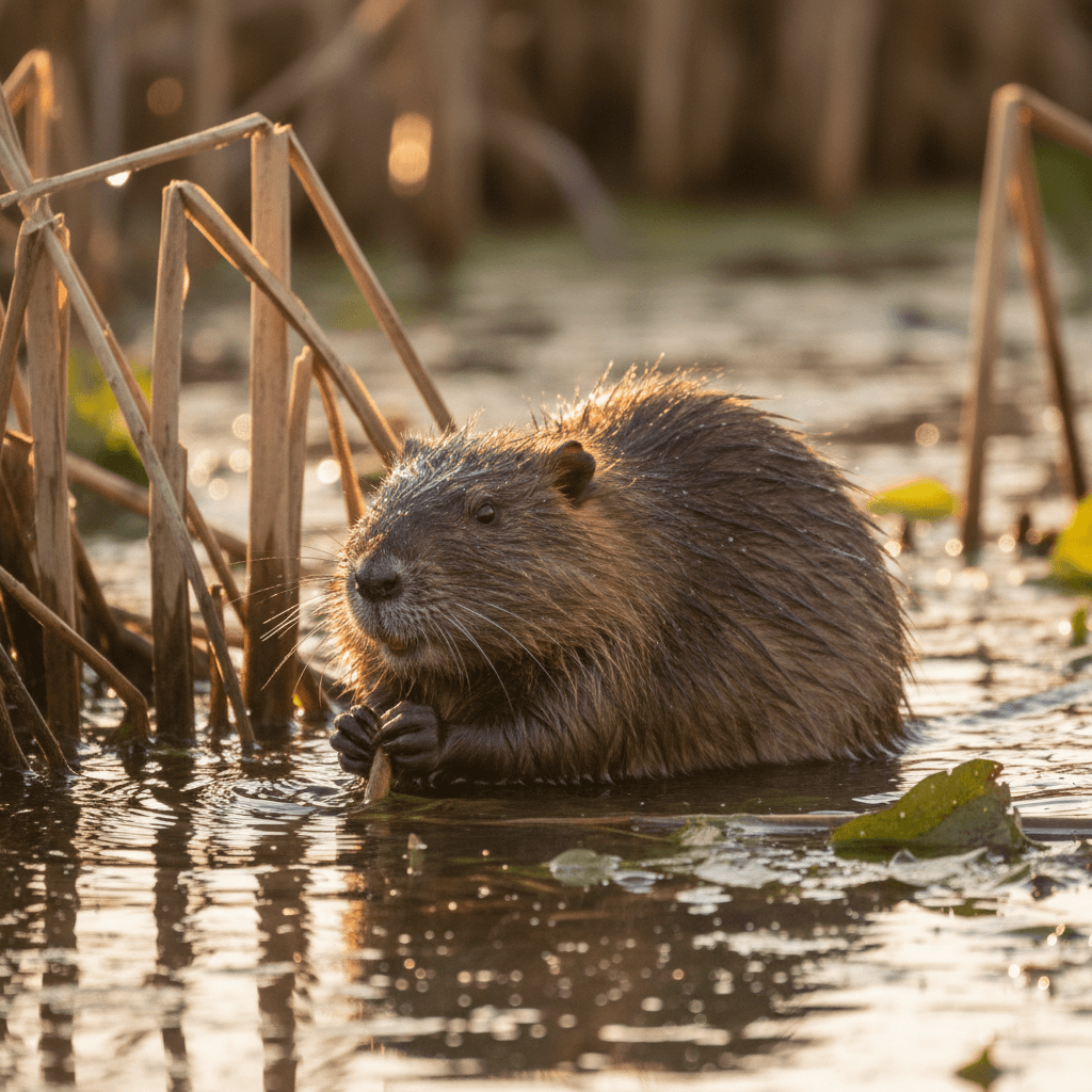 Muskrat swimming in rehabilitation habitat