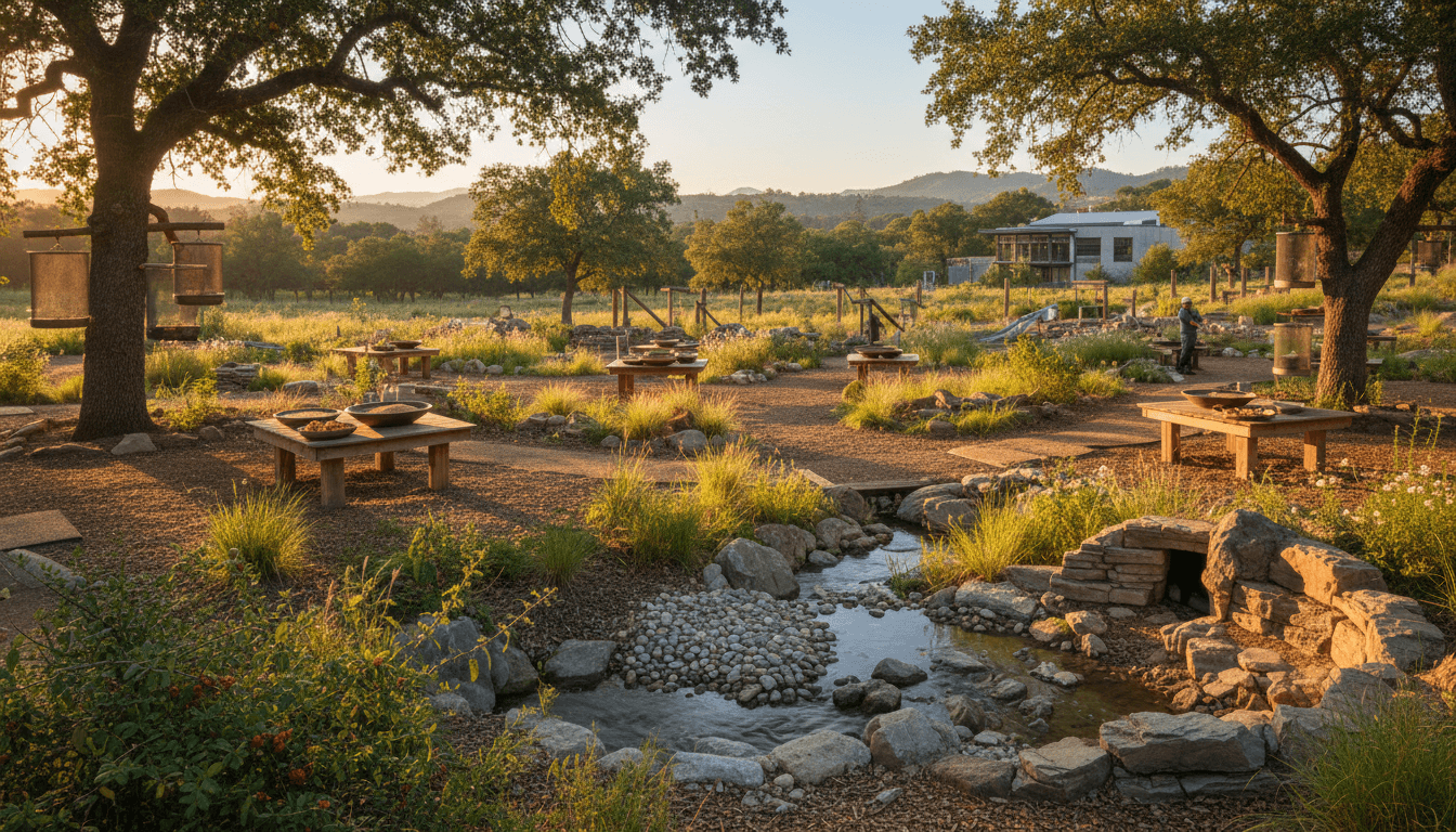 Spacious wildlife enclosure with shelter structures, perches, and naturalistic habitat design for animal recovery