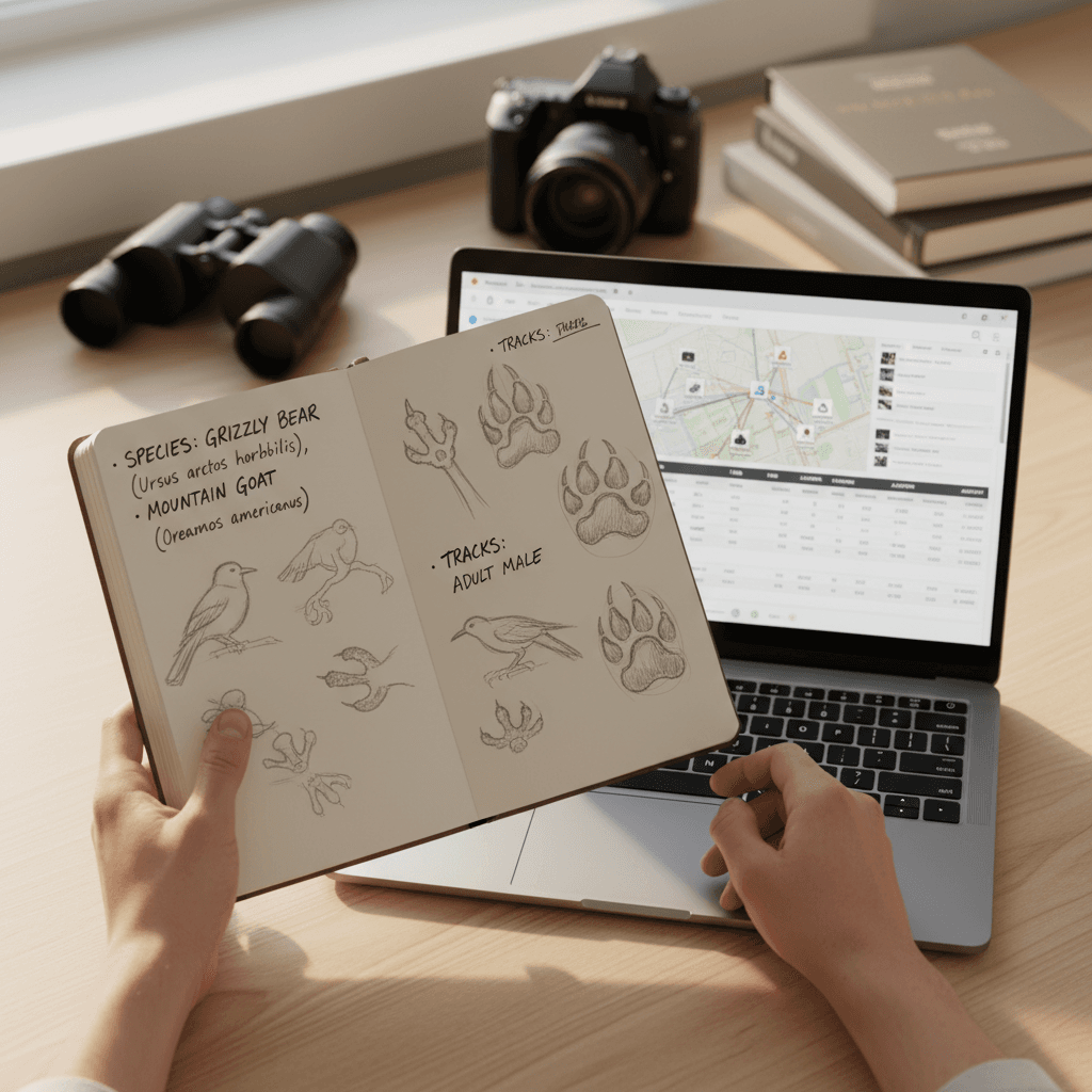 Wildlife caregiver documenting detailed animal care observations and recovery progress in rehabilitation records